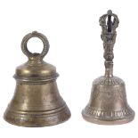 TWO BRONZE RITUAL BELLS, TIBET, INDIA, 19TH CENTURY the first with moulded kirtimukha and garland