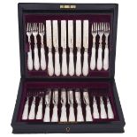 A SET OF TWELVE VICTORIAN SILVER AND MOTHER-OF-PEARL DESSERT KNIVES AND TWELVE FORKS, HARRISON