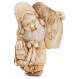 ˜STAINED IVORY NETSUKE OF THE LUCKY GOD JUROJIN WITH A MINOGAME, CIRCA 1870 all symbolic of