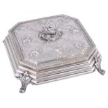 AN ITALIAN BOX, 20TH CENTURY compressed square with cut corners, moulded sides, on four cast foliate