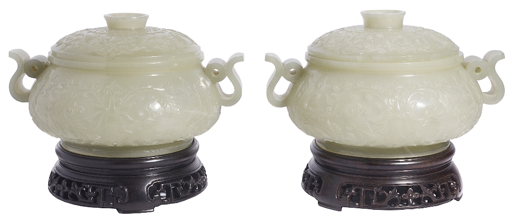 A PAIR OF CHINESE CELADON JADE CENSERS AND COVERS