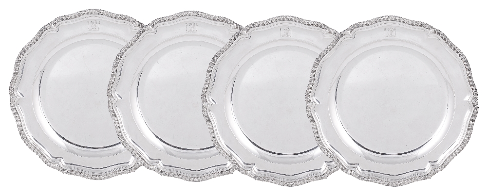 A SET OF FOUR GEORGE II SILVER SECOND COURSE DISHES, JOHN JACOB, LONDON, 1754 shaped circular,