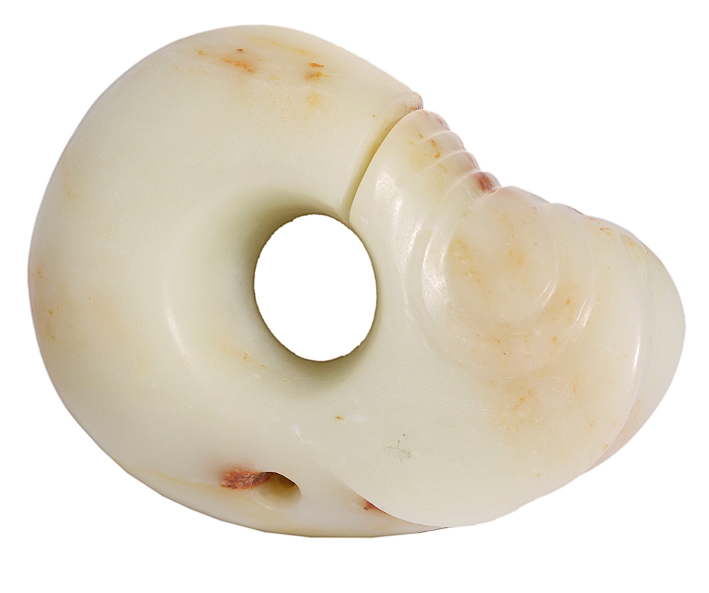 A CHINESE NEOLITHIC STYLE JADE SPLIT RING of circular form, one end terminating in a mythical