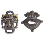 TWO EARLY METAL BUCKLES, TIBET, 16TH/17TH CENTURIES probably from manuscript straps, one of parcel