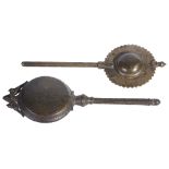 TWO BRONZE OBJECTS, INDIA, 18TH-19TH CENTURY probably hand mirrors, each with twin convex disc