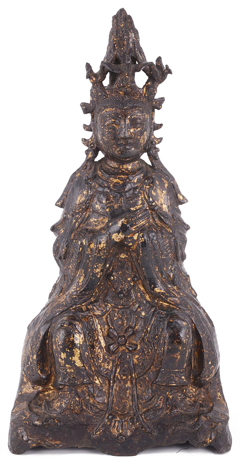 A CHINESE GILT AND LACQUERED BRONZE FIGURE OF GUANYIN, MING DYNASTY, DATED 1553 the goddess cast