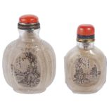 TWO CHINESE INSIDE-PAINTED GLASS SNUFF BOTTLES each with two oval panels enclosing a painting of