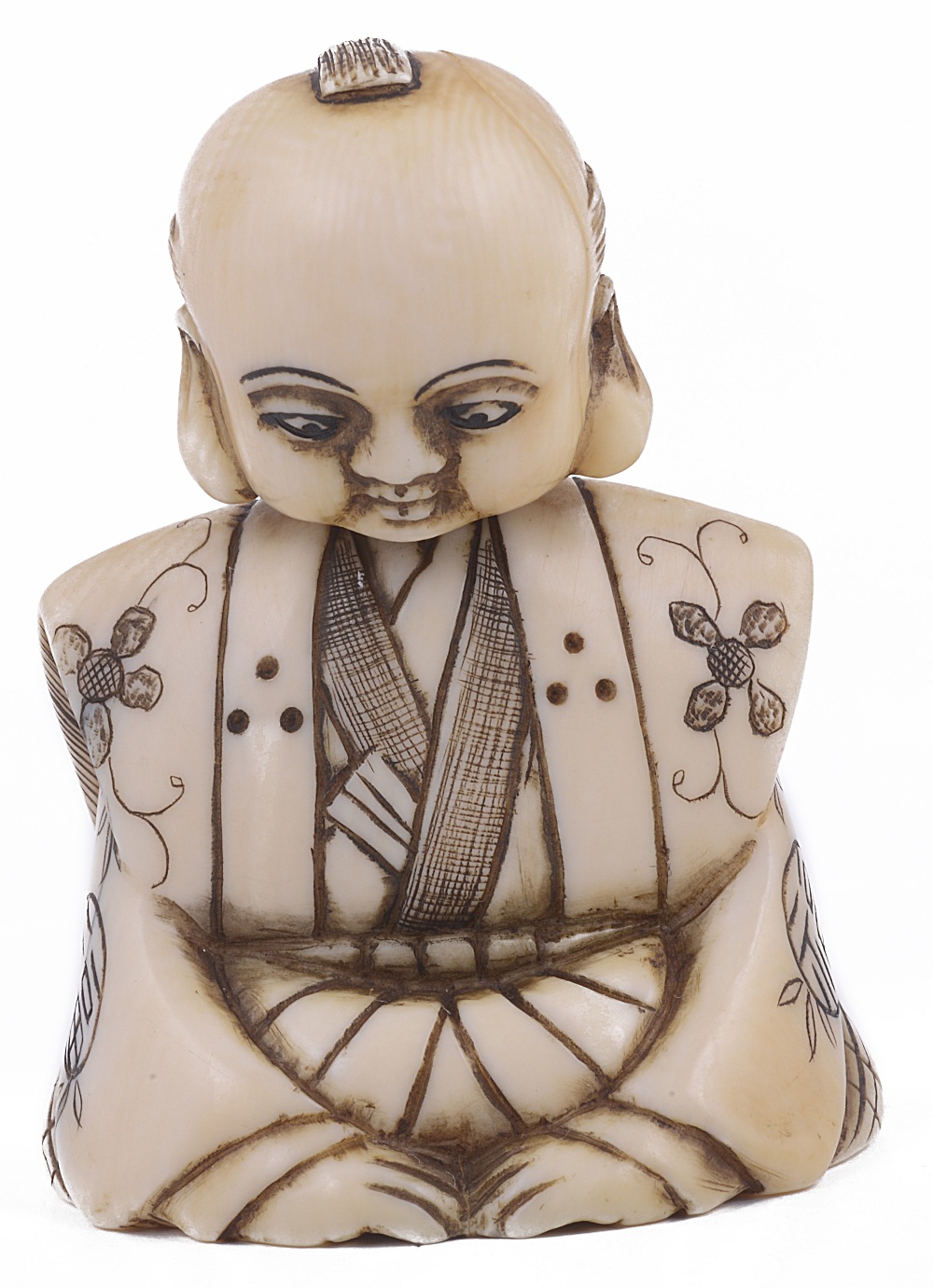 ˜IVORY NETSUKE OF A NARRATOR WITH NODDING HEAD, CIRCA 1870 his robe engraved with the auspicious