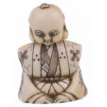 ˜IVORY NETSUKE OF A NARRATOR WITH NODDING HEAD, CIRCA 1870 his robe engraved with the auspicious