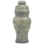 A CHINESE MUGHAL-STYLE GREYISH-CELADON JADE 'LOTUS' VASE AND COVER