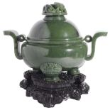 A CHINESE SPINACH-GREEN JADE INCENSE BURNER AND COVER