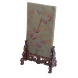 A CHINESE JADE AND HARDWOOD TABLE SCREEN the spinach jade rectangular plaque enamelled to one side