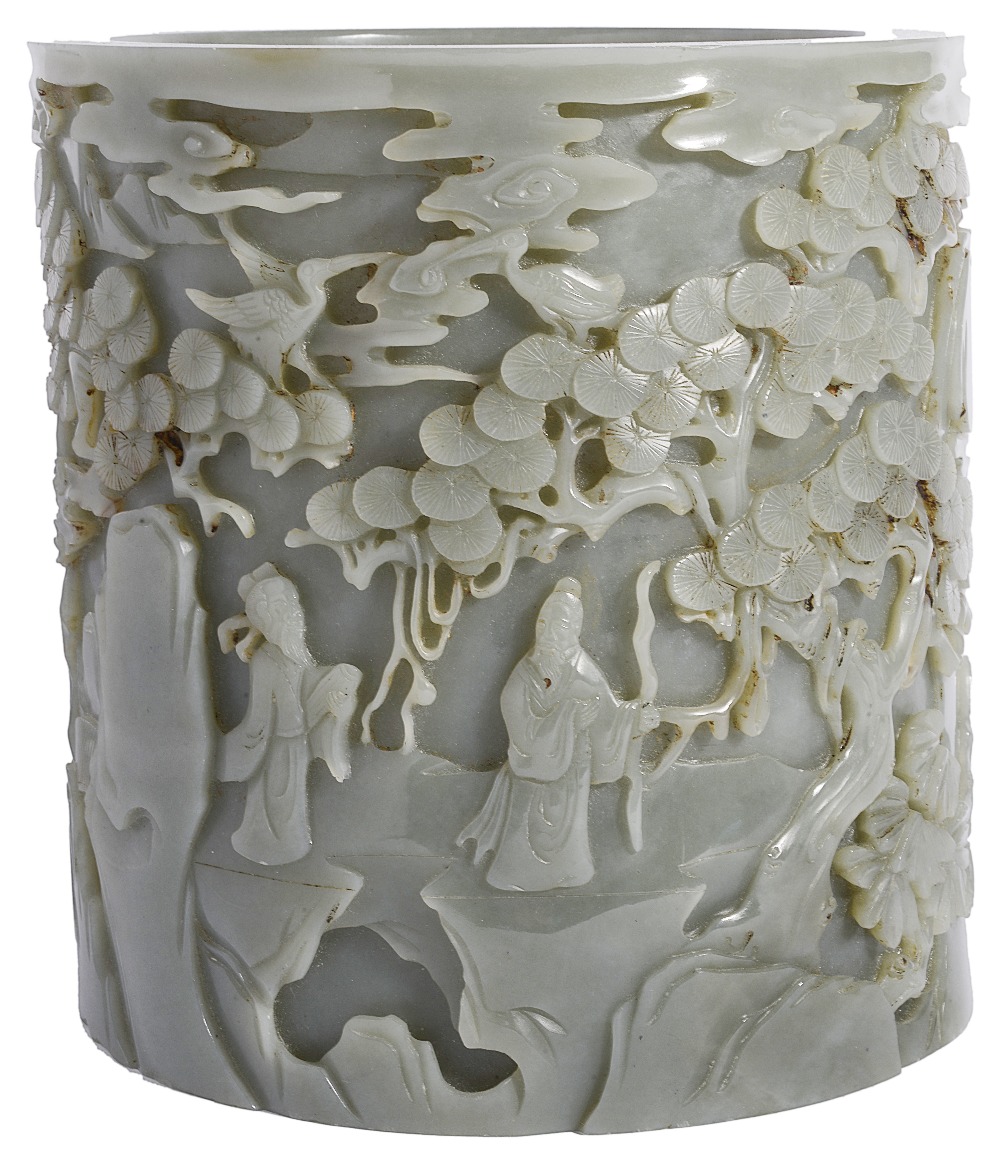 A CHINESE CELADON JADE 'IMMORTALS' BRUSHPOT