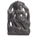 A SMALL BLACK STONE PLAQUE DEPICTING DURGA MAHISASURAMARDINI, KASHMIR, CIRCA 9TH CENTURY the six-