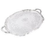 A VICTORIAN SILVER TRAY, HUNT & ROSKELL, LONDON, 1855 shaped oval, applied ribbon-bound reeded and