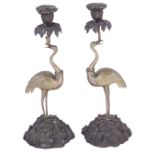 A PAIR OF BRONZE AND BRASS 'STORK' CANDLESTICKS, THOMAS ABBOTT, BIRMINGHAM, SECOND QUARTER 19TH