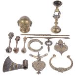 A COLLECTION OF INDIAN METAL OBJECTS, MOSTLY 19TH CENTURY mostly brass, including a Gauri head,