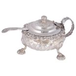 A GEORGE IV SILVER MUSTARD POT, CHARLES FOX, LONDON, 1824 compressed circular, richly chased with