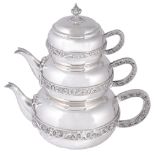 A SPANISH SILVER THREE-PIECE STACKING TEA SET, SILVER GENA SA, BARCELONA, POST 1934 comprising a