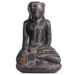 A FRAGMENTARY LACQUERED WOOD FIGURE OF BUDDHA, BURMA, 18TH/19TH CENTURY seated in padmasana, his