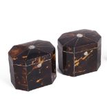 ˜A PAIR OF TORTOISESHELL TEA CADDIES, ENGLISH, PROBABLY LATE 19TH CENTURY elongated octagonal,