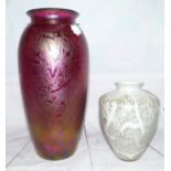 A Royal Brierley Studio Art Glass ovoid vase with deep pink iridescent finish, height 10"; an opaque