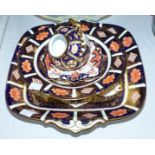 Four pieces of Royal Crown Derby Japan pattern china: square shallow dish, length 11½"; a circular