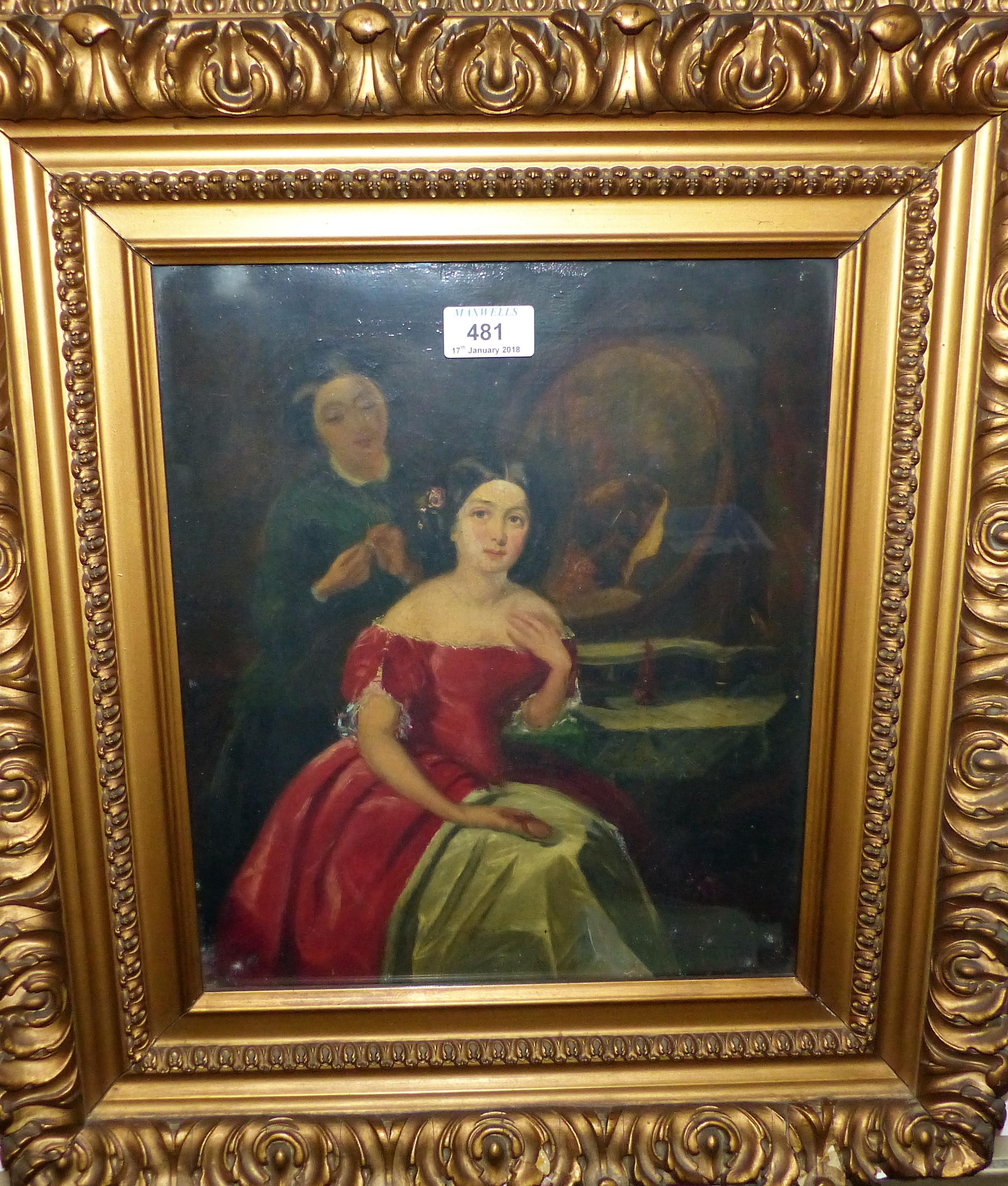 19th Century School: lady at dressing table with maid behind, oil on canvas, unsigned, 13½" x 11",