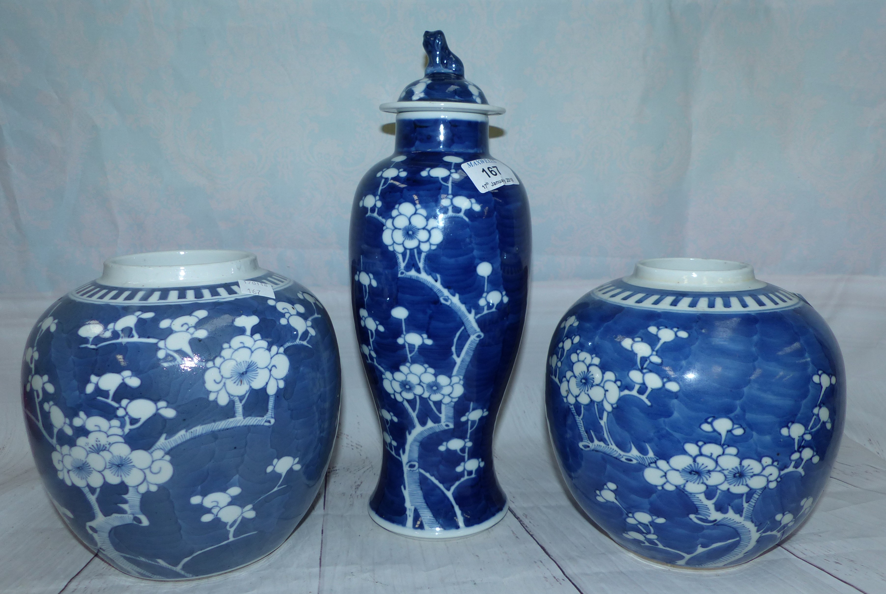 A Chinese blue & white covered vase, 12½"; 2 similar ginger jars