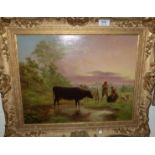 19th Century School: landscape with cattle in stream, and couple and dog on bank, oil on canvas,