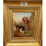 P Jones: early 19th century scene with boy and 2 gun dogs, oil on canvas, signed, 7" x 5¼", framed