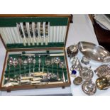 A part canteen of silver plated cutlery in fitted oak box; a selection of other silver plate