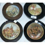 Four 19th century pot lids in ebonised frames: "Fox Hunting"; "A Fix"; "Canal Scene" & "Unloading