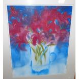 Caroline Bailey: watercolour, floral still life with glass jug and lilies, signed in pencil, 26" x