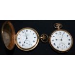 A Waltham open faced chronograph pocket watch, gold plated; a 'Tempus Fugit; closed face chronograph