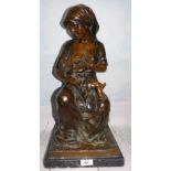 Italian School: a bronze figure group of a woman feeding a child, square marble plinth, 22"