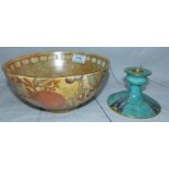 A Crown Devon "Mattajade" candlestick; a Burleigh ware Charlotte Rhead tube lined bowl, 8½"