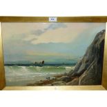 J H Sorey: Coastal seascape with rocky cliffs and boats, signed, framed