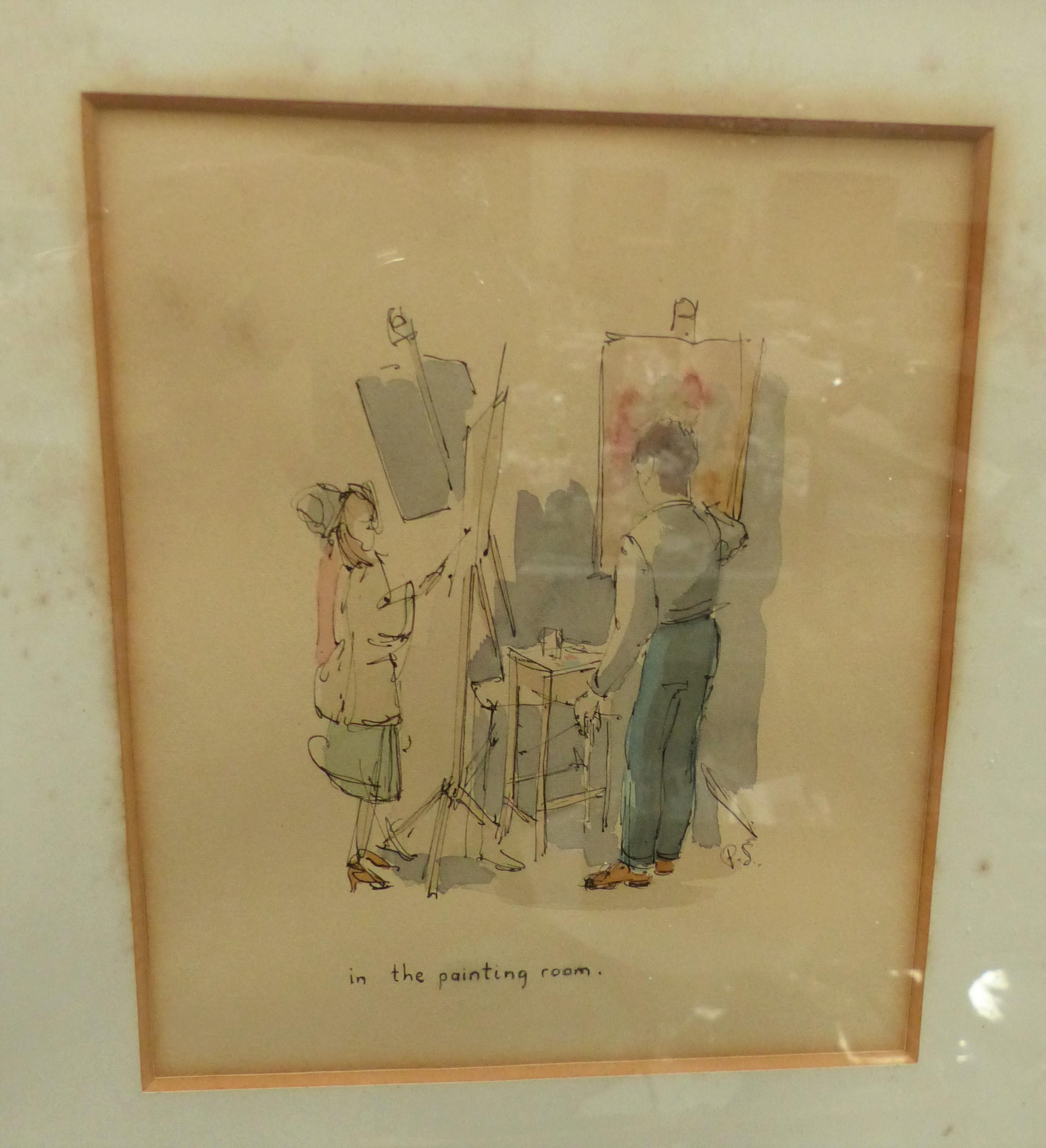 P.S. Seward: pen and wash sketch, "in the painting room", signed with initials, 7" x 6", framed