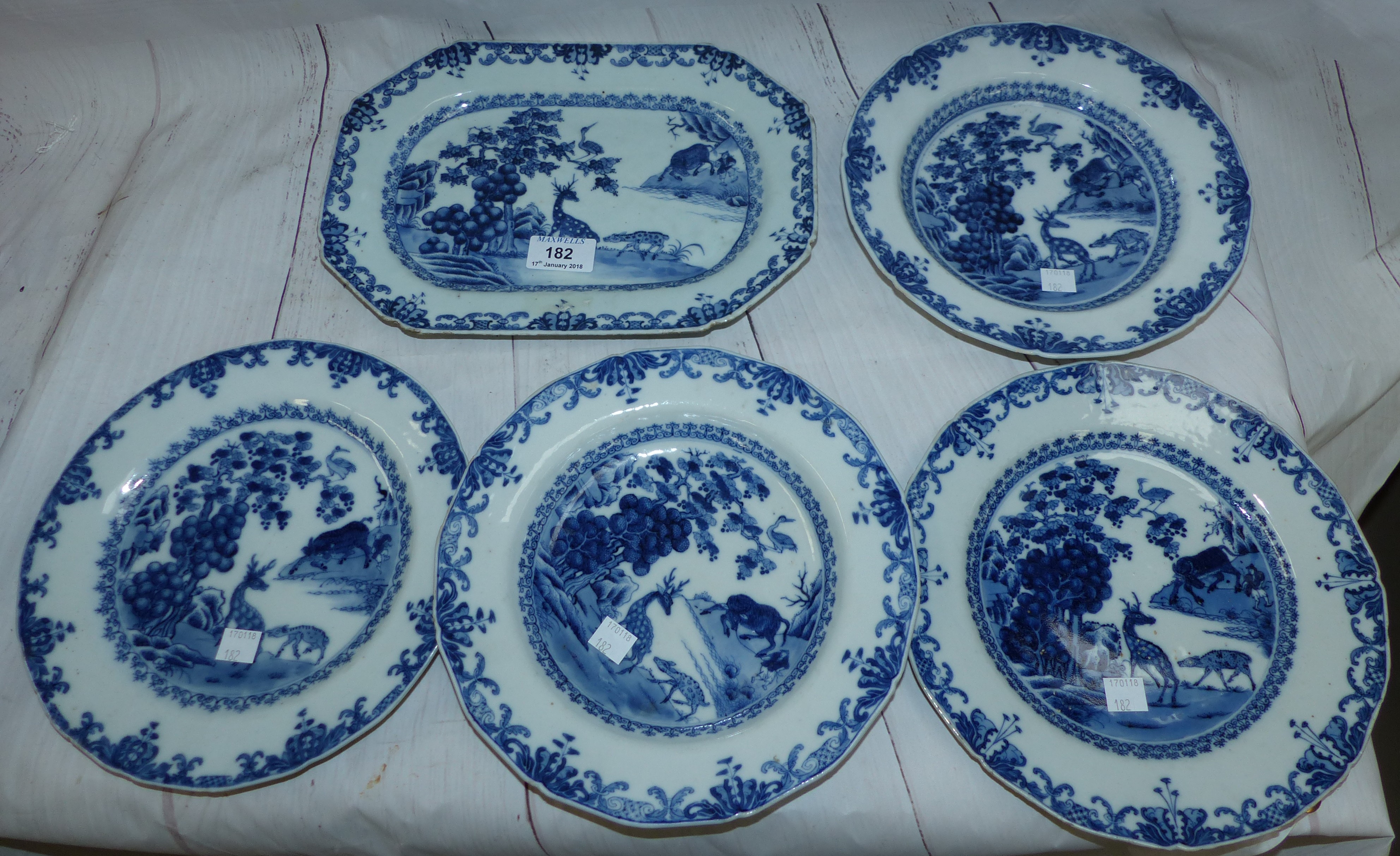 An 18th century Chinese blue and white rectangular dish, naturalistic decoration, 11", 2 matching