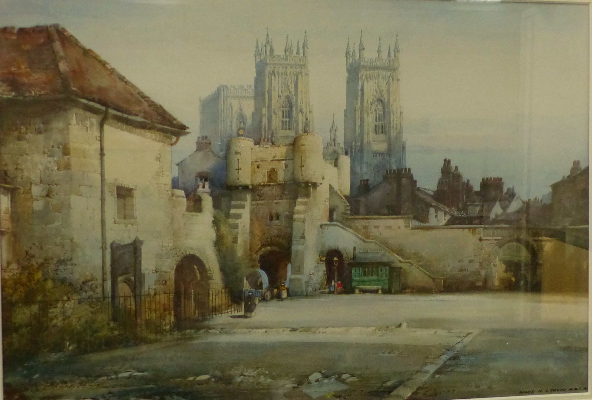 Noel H Leaver: "Bootham Bar York", watercolour, signed, 13½" x 20", framed and glazed