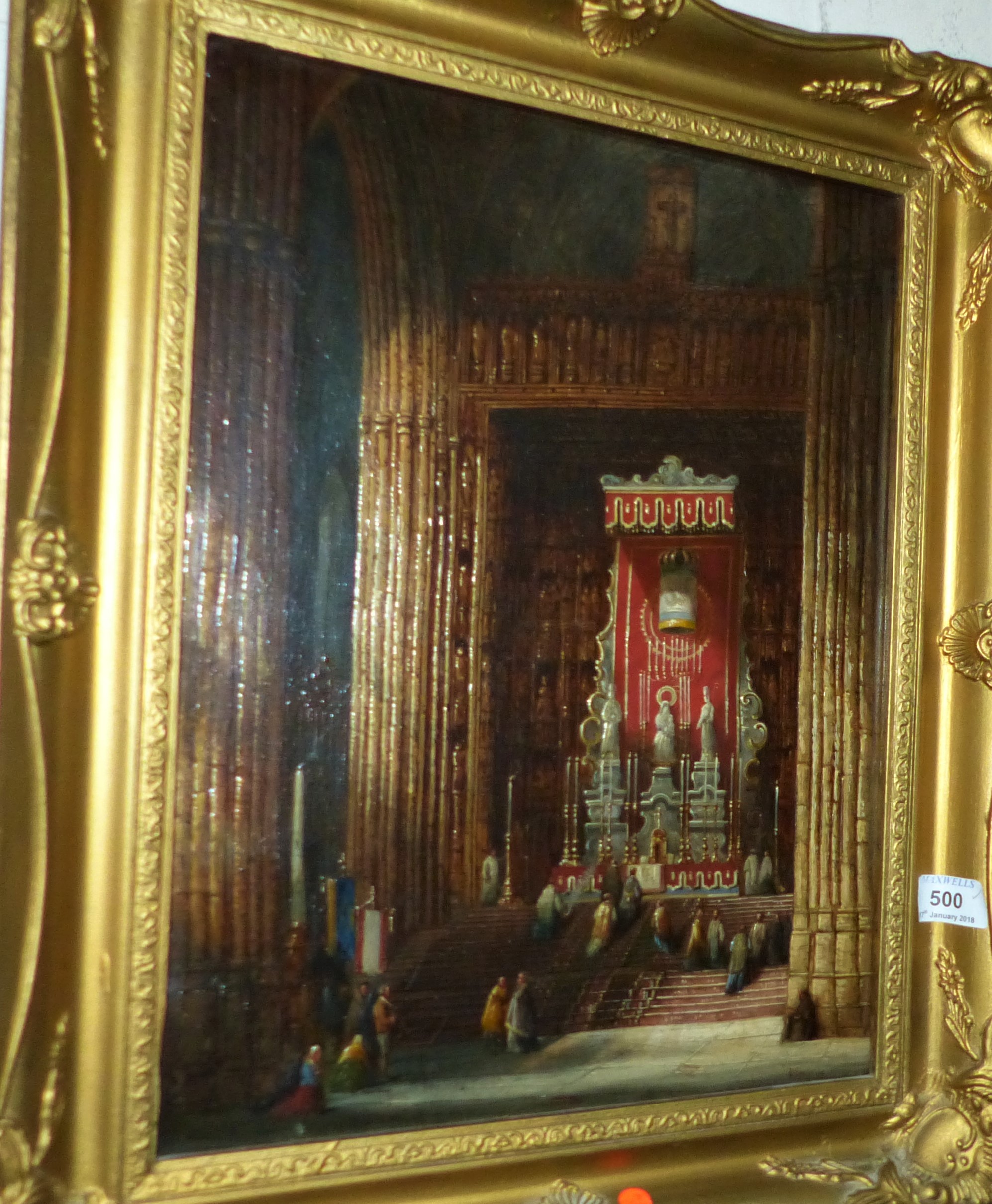 H Schaefer: 19th century oil on canvas, view of the interior of Seville cathedral, signed, 15½" x