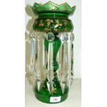 A 19th century gilt decorated and enamelled green glass lustre, with cut glass drops, 14"