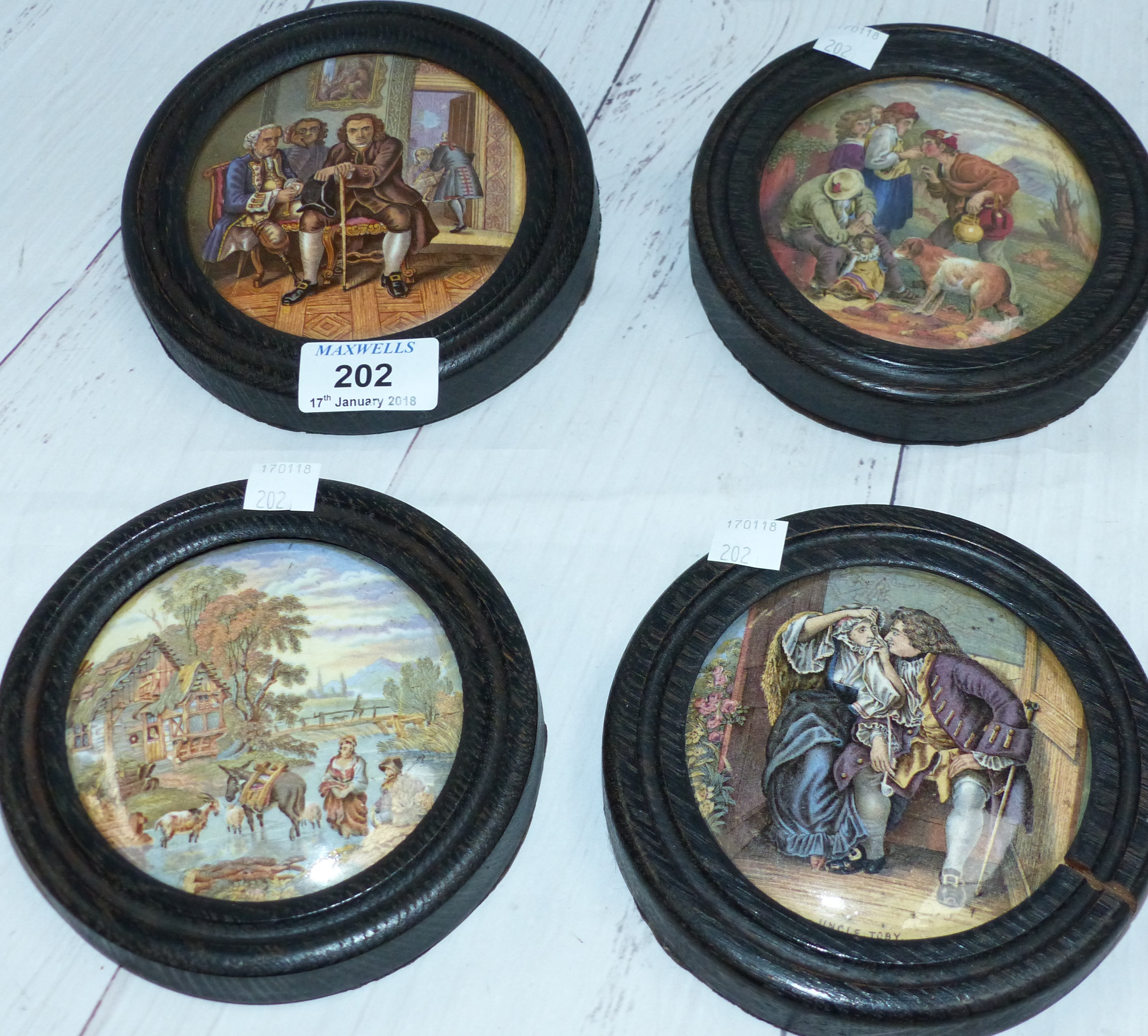 Four 19th century pot lids in ebonised frames: figures and donkey; 3 18th century gentlemen; group