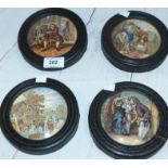 Four 19th century pot lids in ebonised frames: figures and donkey; 3 18th century gentlemen; group