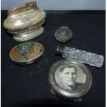 A silver oval patch box with agate lid; a small silver photo frame; silver plate; etc.