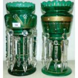 A matched pair of 19th century gilt decorated green glass lustres, with cut glass drops, 14"