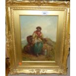 James Kent Pelham: oil on canvas, country girl seated on a rock with basket and pail, signed with