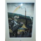 Clare Allan: signed limited edition print "Singing in the Rain", view of New Mills, 5 of 5, 23" x