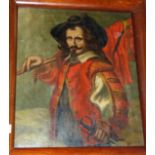 19th Century British: oil on canvas, portrait of a cavalier, unsigned, 16" x 13", mahogany cushion